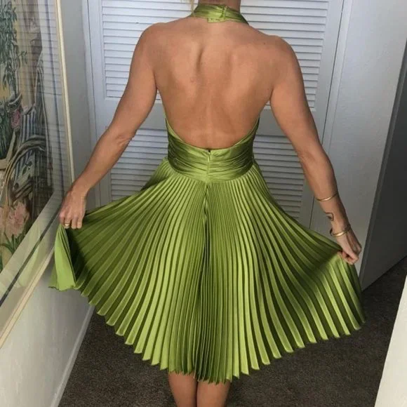 🌎A*B*S by Allen Schwartz || Chartreuse satin halter cocktail dress - Picture 3 of 9